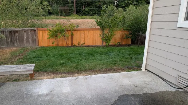 Backyard with new fence and lawn and an empty concrete patio