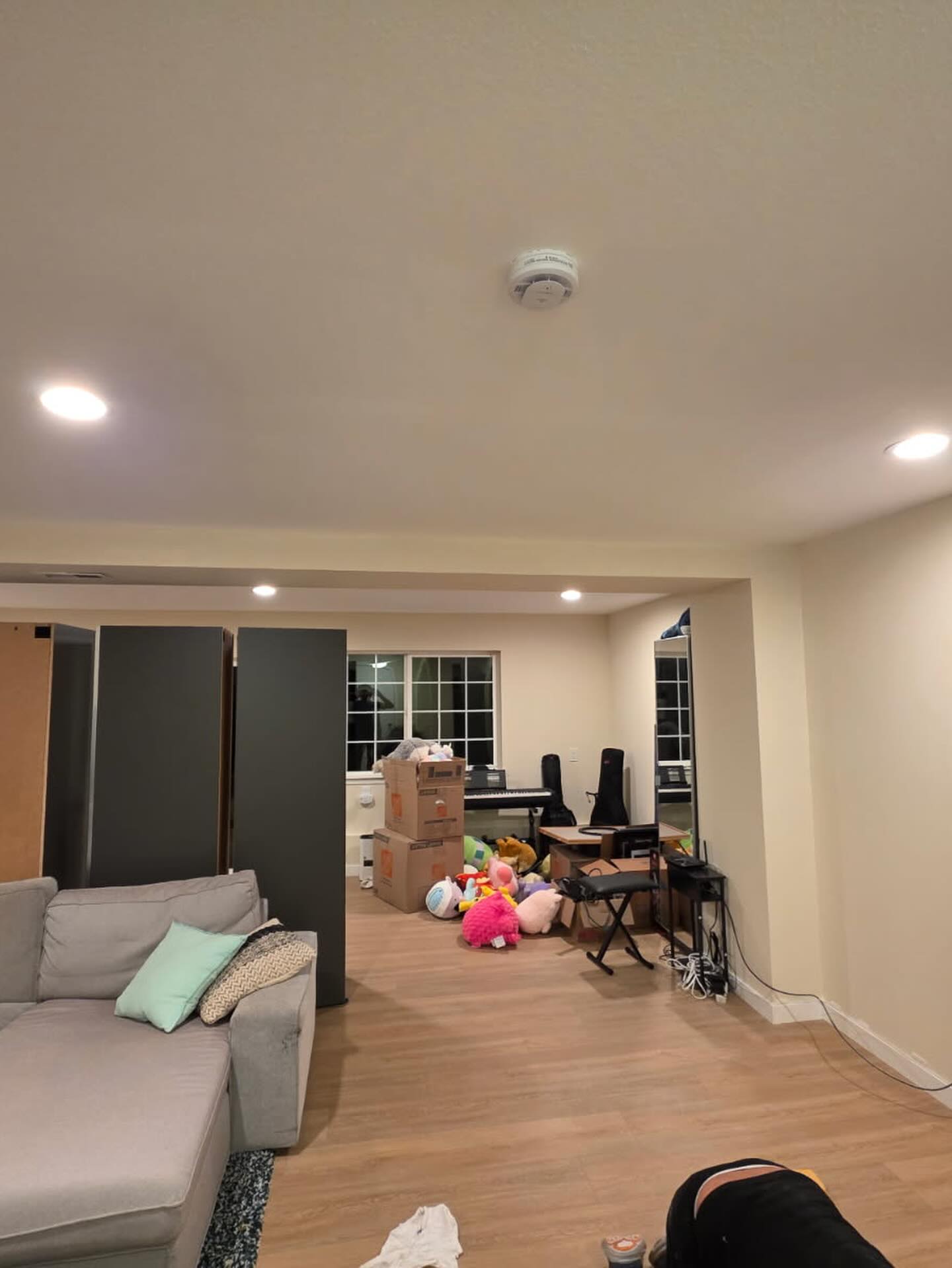 Finished lower level living space with new flooring and recessed lighting